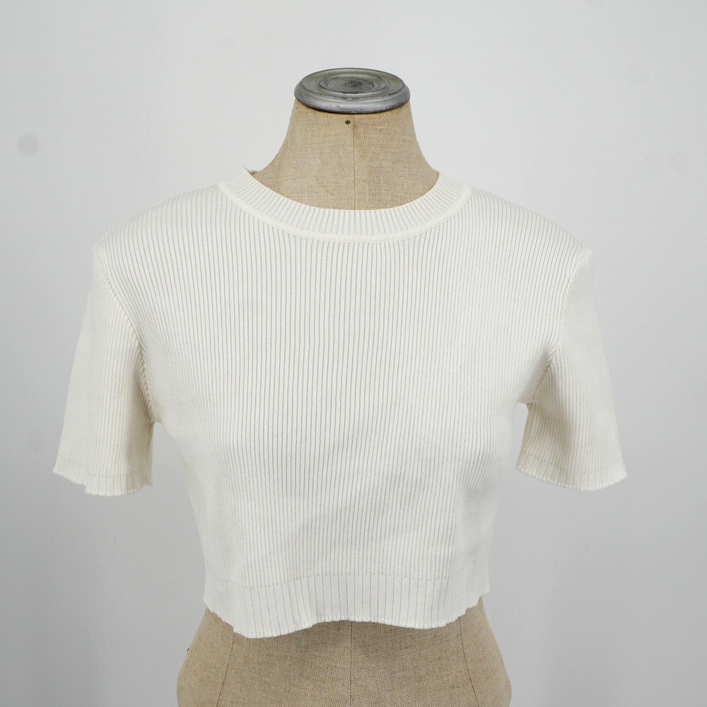 DISSH Ribbed Knit Crop Top Womens 8 White Crew Neck Short Sleeve Minimalist Chic